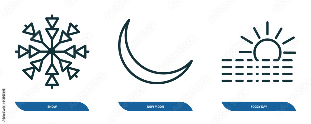 Poster set of 3 linear icons from weather concept. outline icons such as snow, new moon, foggy day vector