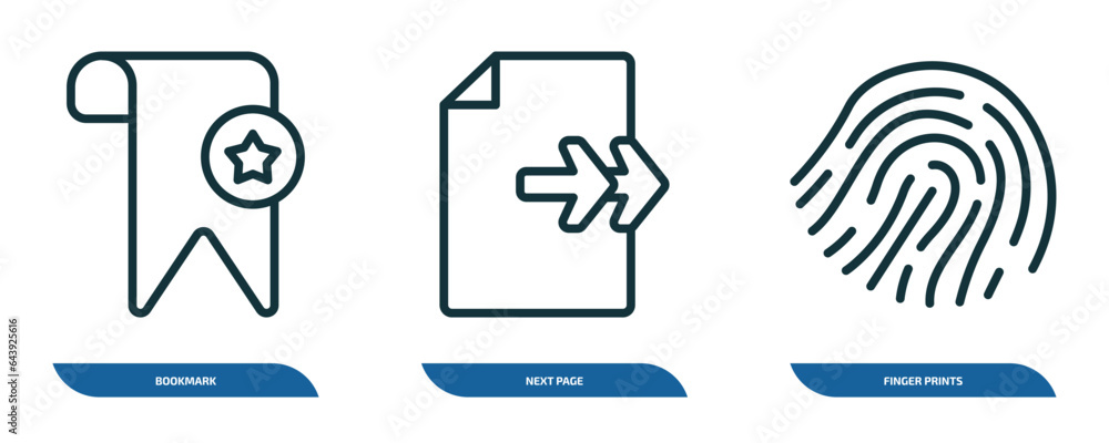 Poster set of 3 linear icons from user interface concept. outline icons such as bookmark, next page, finger