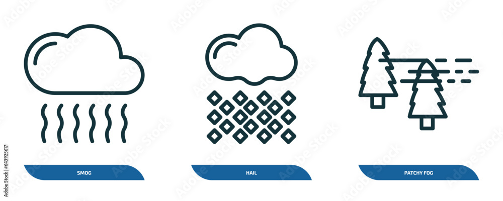 Aufkleber set of 3 linear icons from weather concept. outline icons such as smog, hail, patchy fog vector