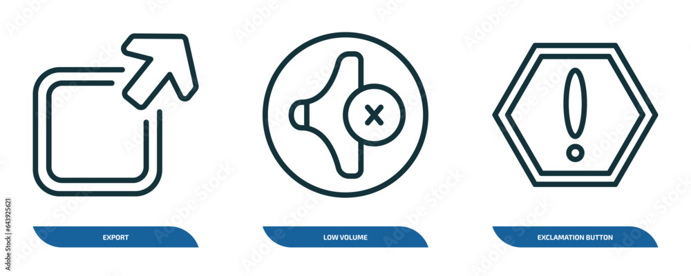 Poster set of 3 linear icons from user interface concept. outline icons such as export, low volume, exclama