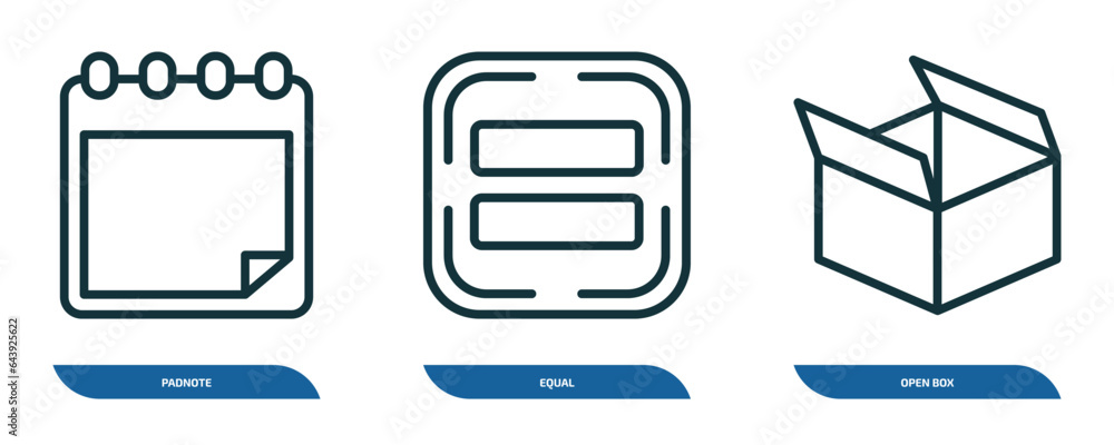 Poster set of 3 linear icons from user interface concept. outline icons such as padnote, equal, open box ve