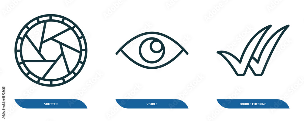 Poster set of 3 linear icons from user interface concept. outline icons such as shutter, visible, double ch