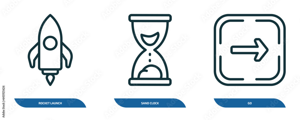 Poster set of 3 linear icons from user interface concept. outline icons such as rocket launch, sand clock, 