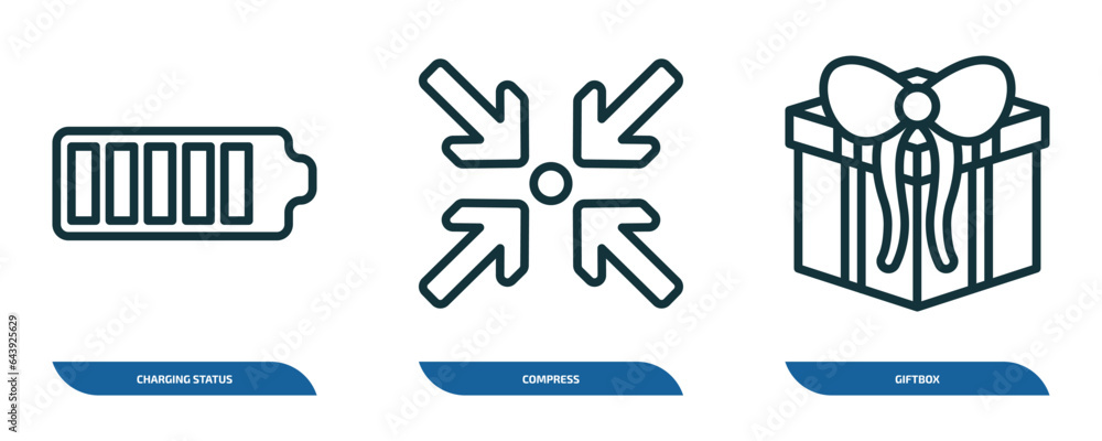 Poster set of 3 linear icons from user interface concept. outline icons such as charging status, compress, 
