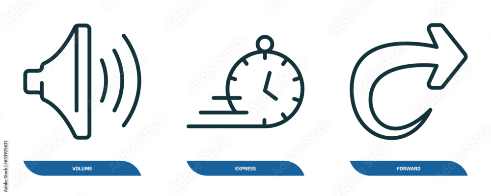 Poster set of 3 linear icons from user interface collection. concept. outline icons such as volume, express
