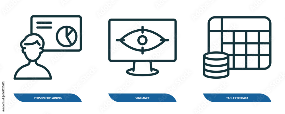 Poster set of 3 linear icons from user interface concept. outline icons such as person explaining data, vig