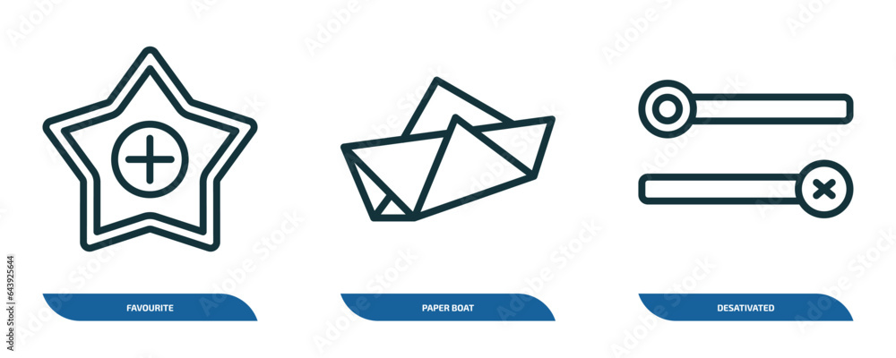 Poster set of 3 linear icons from user interface concept. outline icons such as favourite, paper boat, desa