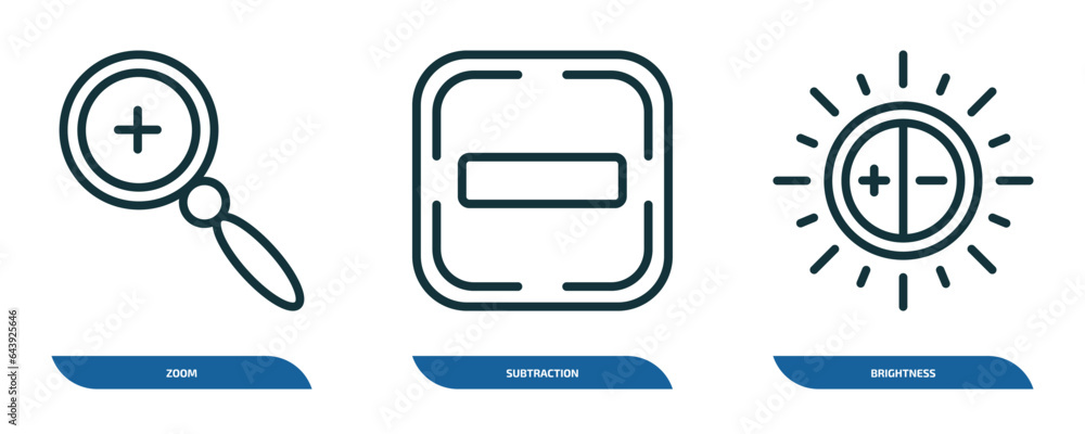 Poster set of 3 linear icons from user interface concept. outline icons such as zoom, subtraction, brightne