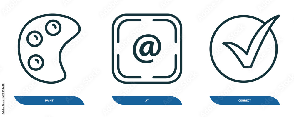 Poster set of 3 linear icons from user interface concept. outline icons such as paint, at, correct vector
