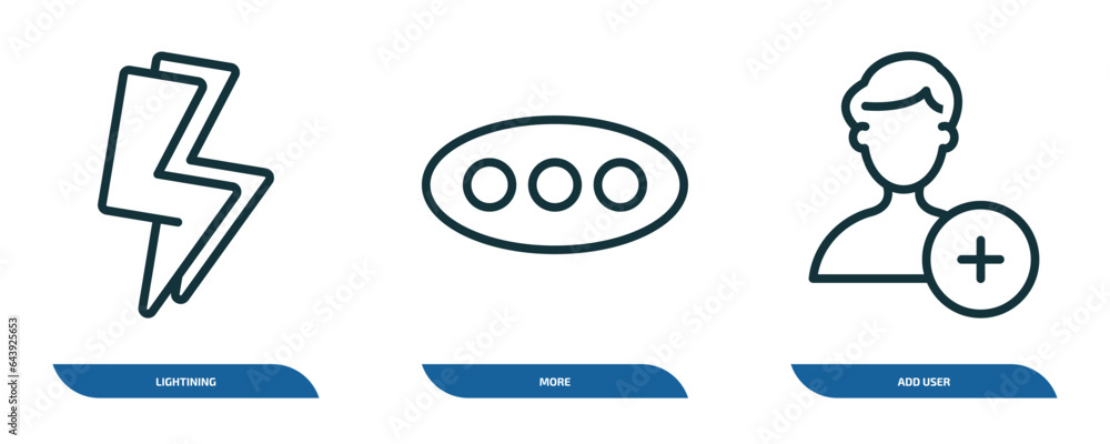 Poster set of 3 linear icons from user interface concept. outline icons such as lightining, more, add user 