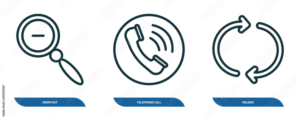 Poster set of 3 linear icons from user interface concept. outline icons such as zoom out, telephone call, r