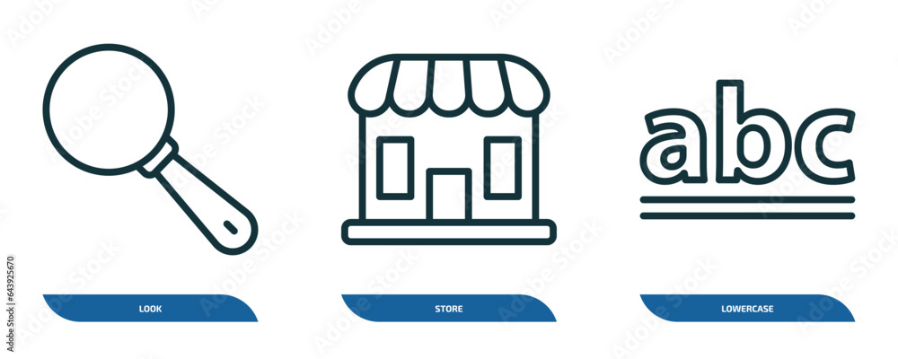 Poster set of 3 linear icons from user interface concept. outline icons such as look, store, lowercase vect