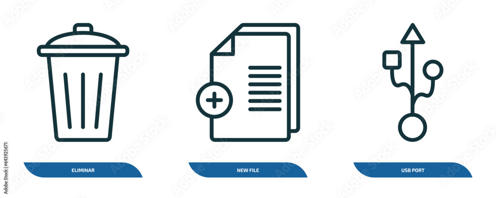 Poster set of 3 linear icons from user interface concept. outline icons such as eliminar, new file, usb por