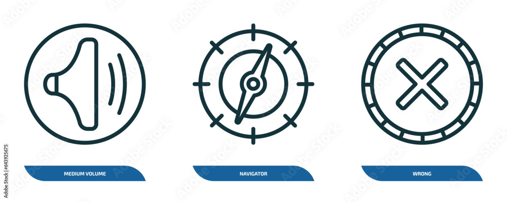 Poster set of 3 linear icons from user interface concept. outline icons such as medium volume, navigator, w