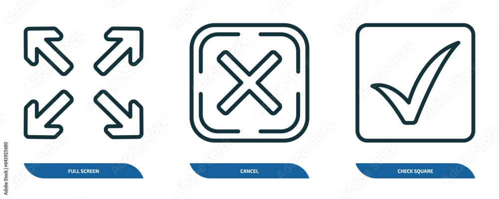 Poster set of 3 linear icons from user interface concept. outline icons such as full screen, cancel, check 