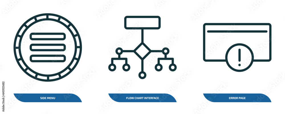 Poster set of 3 linear icons from user interface concept. outline icons such as side menu, flow chart inter