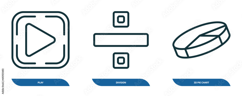 Poster set of 3 linear icons from user interface concept. outline icons such as play, division, 3d pie char