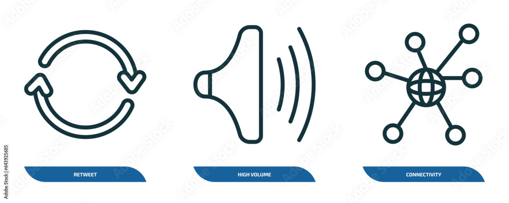 Poster set of 3 linear icons from user interface concept. outline icons such as retweet, high volume, conne