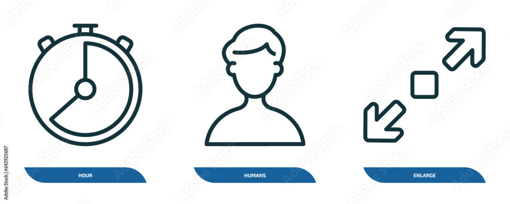 Poster set of 3 linear icons from user interface concept. outline icons such as hour, humans, enlarge vecto