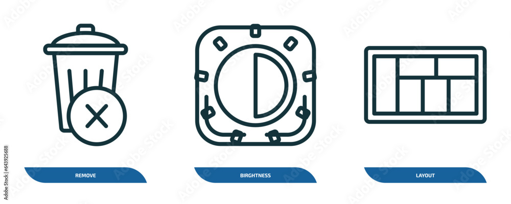 Poster set of 3 linear icons from user interface concept. outline icons such as remove, birghtness, layout 