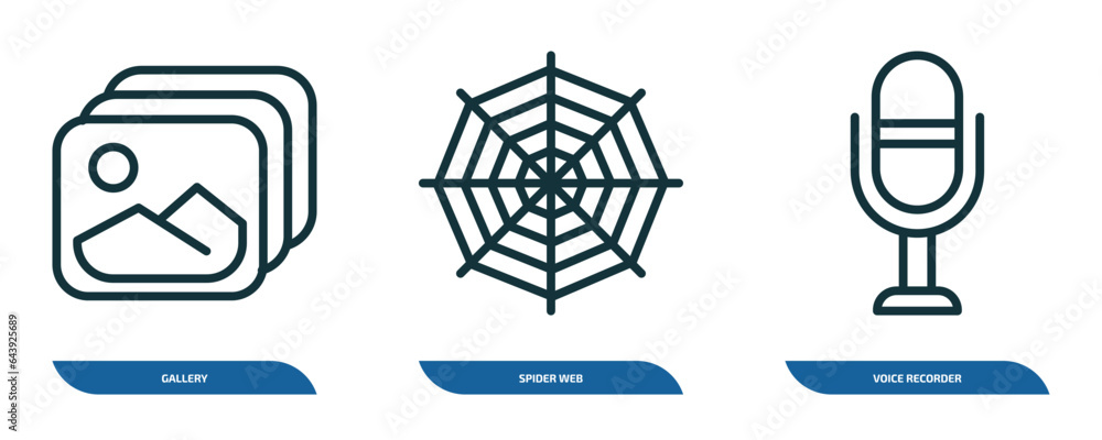 Poster set of 3 linear icons from user interface concept. outline icons such as gallery, spider web, voice 