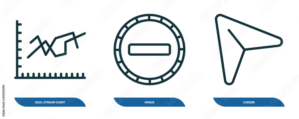 Poster set of 3 linear icons from user interface concept. outline icons such as dual stream chart, minus, c
