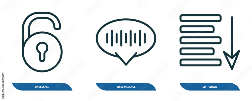Poster set of 3 linear icons from user interface concept. outline icons such as unblocked, voice message, s