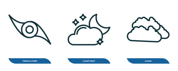 set of 3 linear icons from weather concept. outline icons such as tropical storm, cloudy night, clouds vector