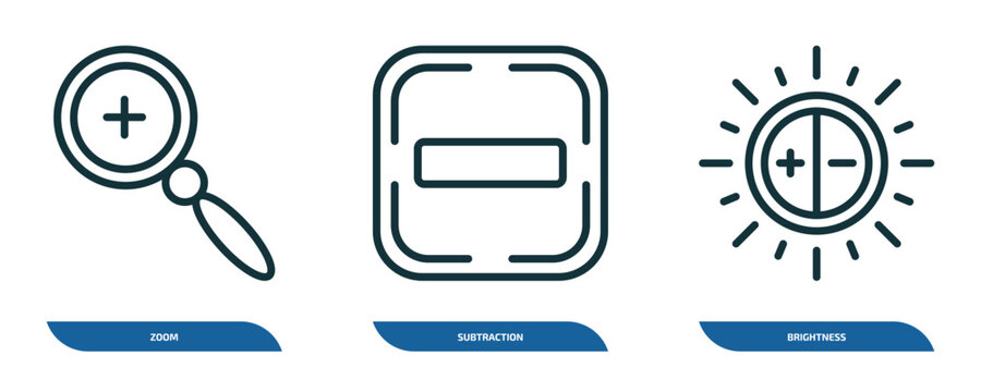 set of 3 linear icons from user interface concept. outline icons such as zoom, subtraction, brightness vector