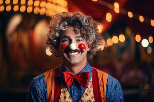 Photo of a vintage style clown in a dimly lit room created with Generative AI technology