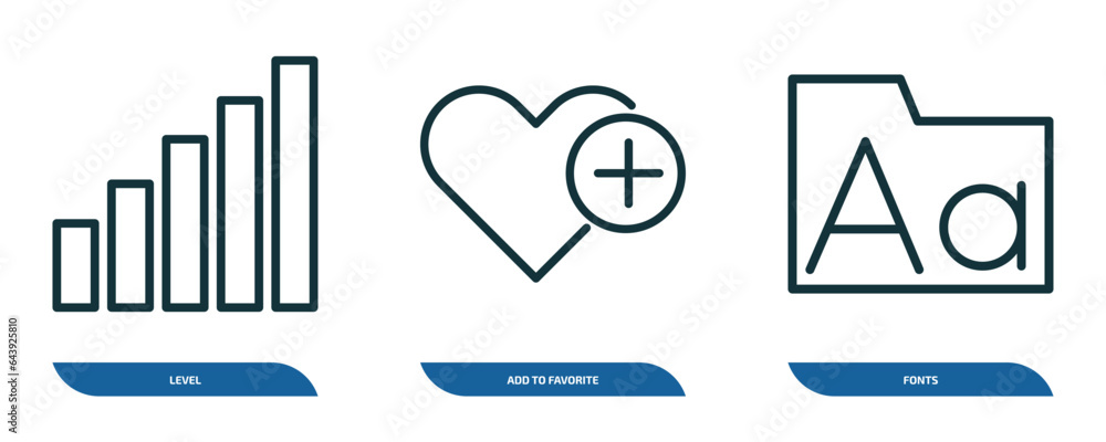 Poster set of 3 linear icons from user interface concept. outline icons such as level, add to favorite, fon