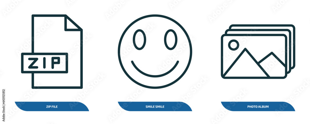 Poster set of 3 linear icons from user interface concept. outline icons such as zip file, smile smile, phot