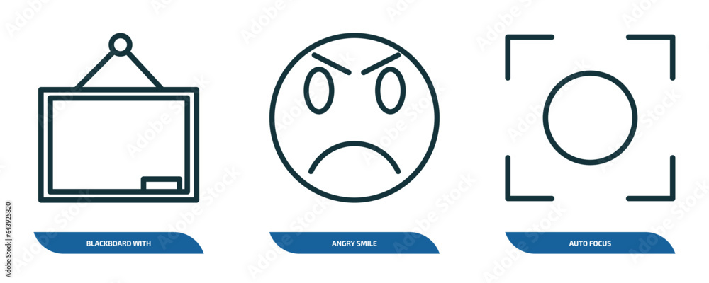 Poster set of 3 linear icons from user interface concept. outline icons such as blackboard with, angry smil