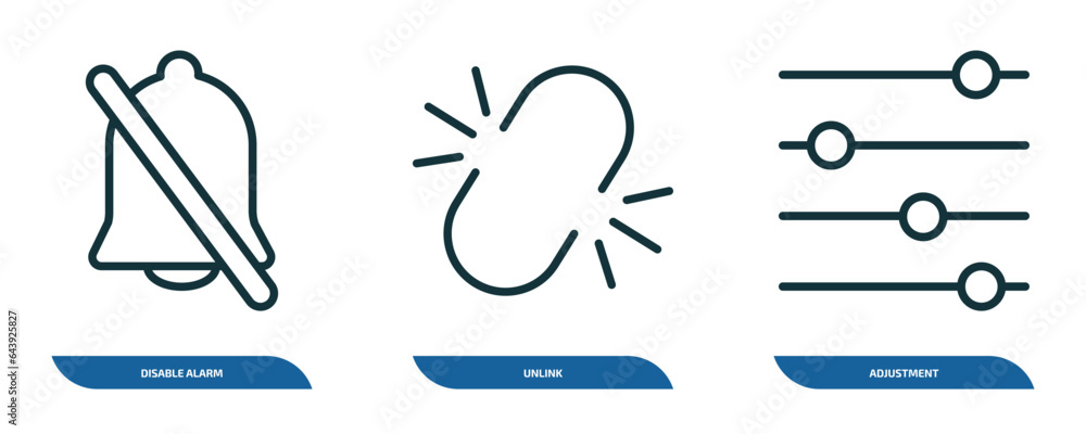 Poster set of 3 linear icons from user interface concept. outline icons such as disable alarm, unlink, adju