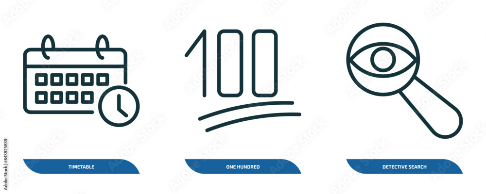 Poster set of 3 linear icons from user interface concept. outline icons such as timetable, one hundred, det