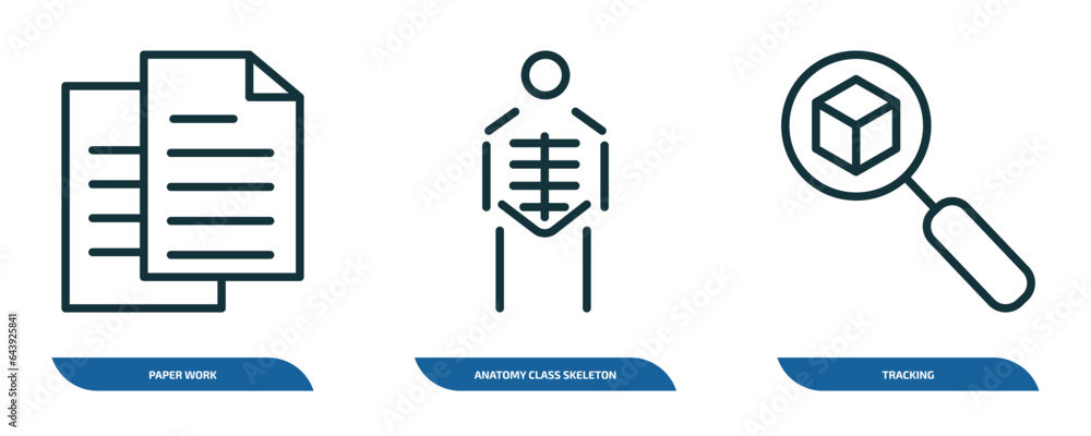 Poster set of 3 linear icons from user interface concept. outline icons such as paper work, anatomy class s