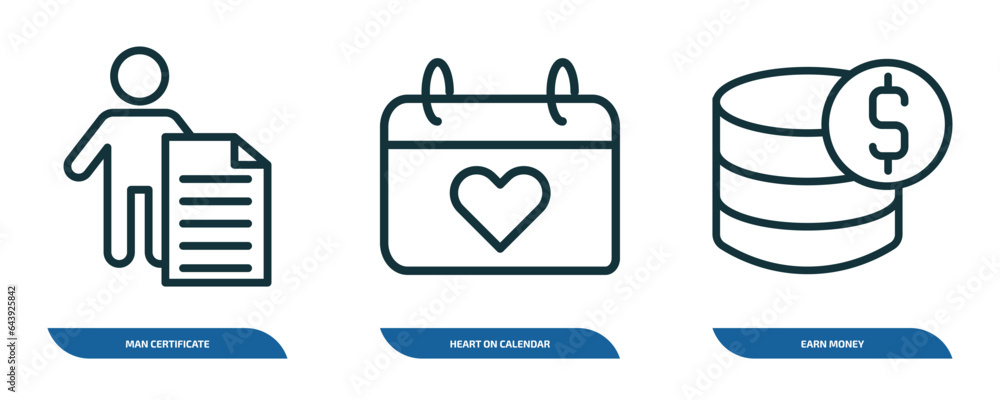 Poster set of 3 linear icons from user interface concept. outline icons such as man certificate, heart on c