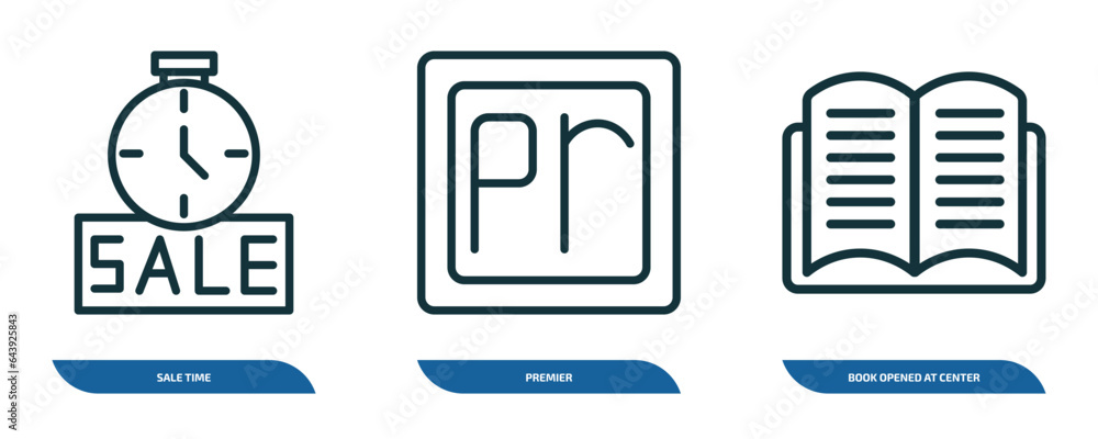 Aufkleber set of 3 linear icons from user interface concept. outline icons such as sale time, premier, book op