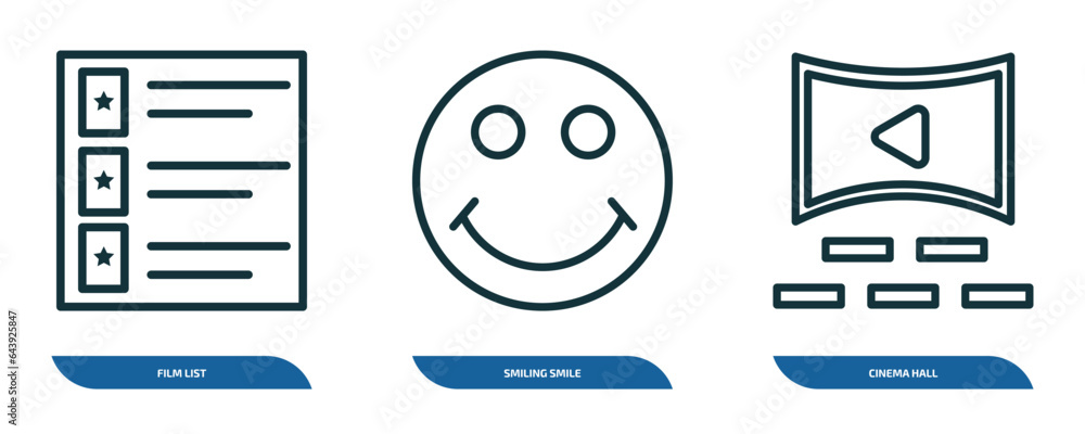 Poster set of 3 linear icons from user interface concept. outline icons such as film list, smiling smile, c