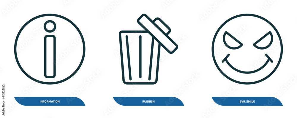 Poster set of 3 linear icons from user interface concept. outline icons such as information, rubbish, evil 