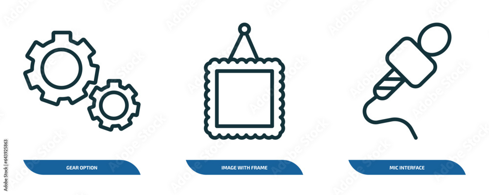 Poster set of 3 linear icons from user interface concept. outline icons such as gear option, image with fra