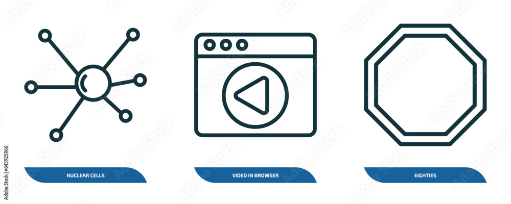 Poster set of 3 linear icons from user interface concept. outline icons such as nuclear cells, video in bro
