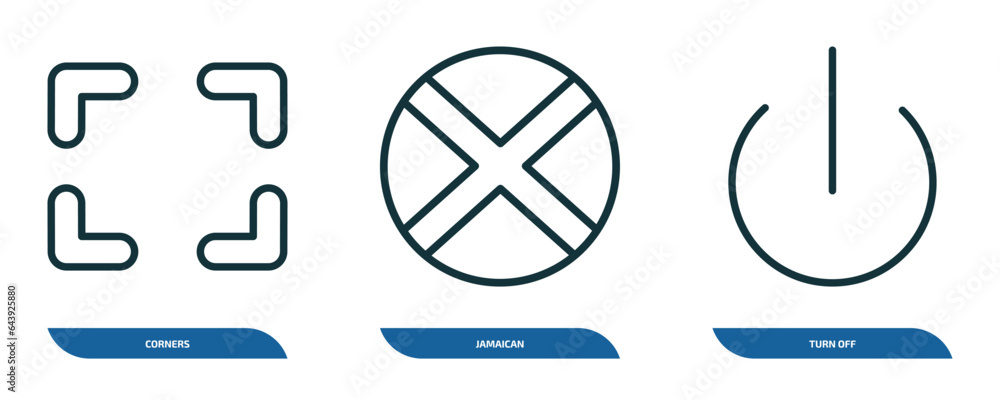 Poster set of 3 linear icons from user interface concept. outline icons such as corners, jamaican, turn off