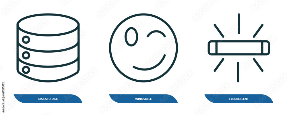 Poster set of 3 linear icons from user interface concept. outline icons such as disk storage, wink smile, f