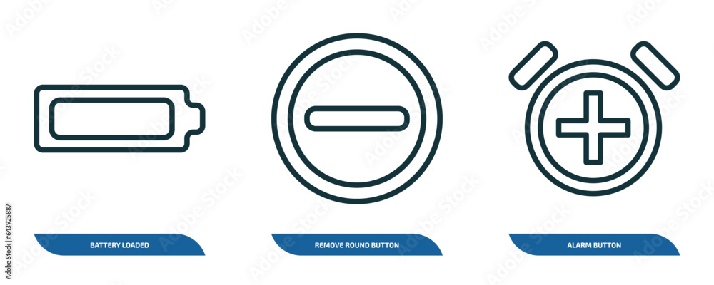 Poster set of 3 linear icons from user interface concept. outline icons such as battery loaded, remove roun