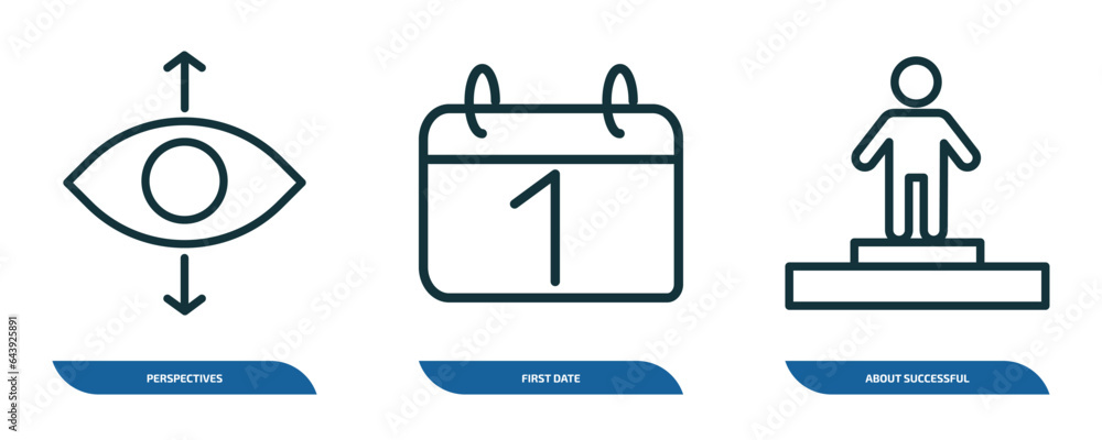 Poster set of 3 linear icons from user interface concept. outline icons such as perspectives, first date, a