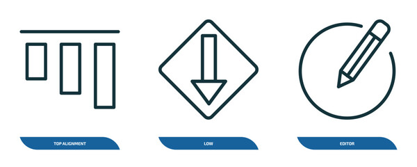 set of 3 linear icons from user interface concept. outline icons such as top alignment, low, editor vector