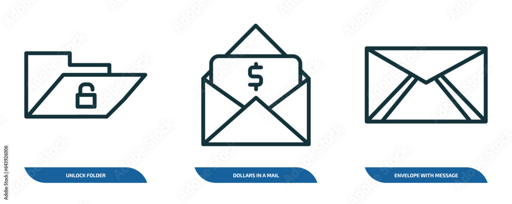 Poster set of 3 linear icons from user interface concept. outline icons such as unlock folder, dollars in a