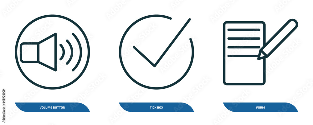 Poster set of 3 linear icons from user interface concept. outline icons such as volume button, tick box, fo