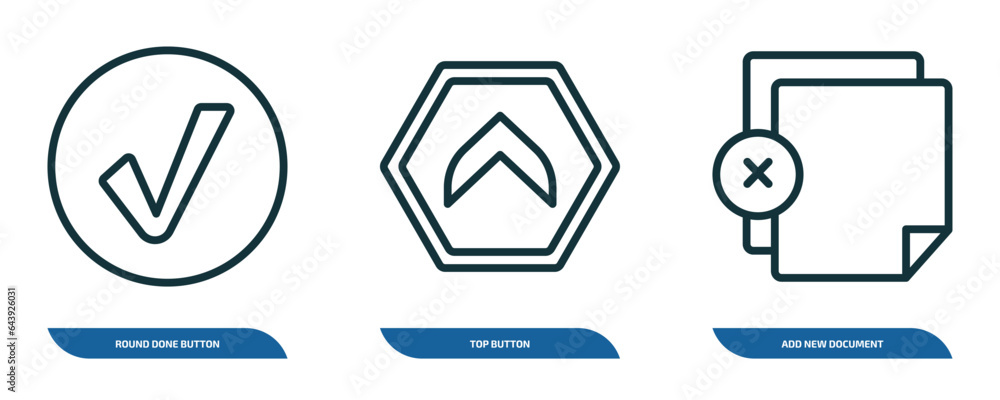 Poster set of 3 linear icons from user interface concept. outline icons such as round done button, top butt